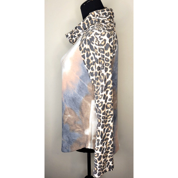 Cowl Neck Long Sleeve Small women's shirt top. Tie Dye with cheetah print. Soft - Picture 2 of 5